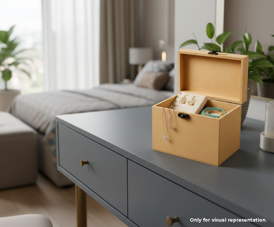 Jewelry box on a dresser with a bedroom in the background