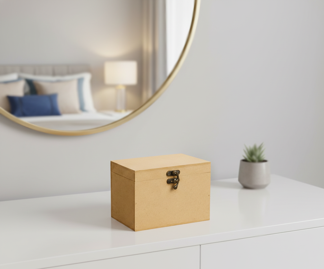 jewellery box on a white surface with a mirror and plant in the background