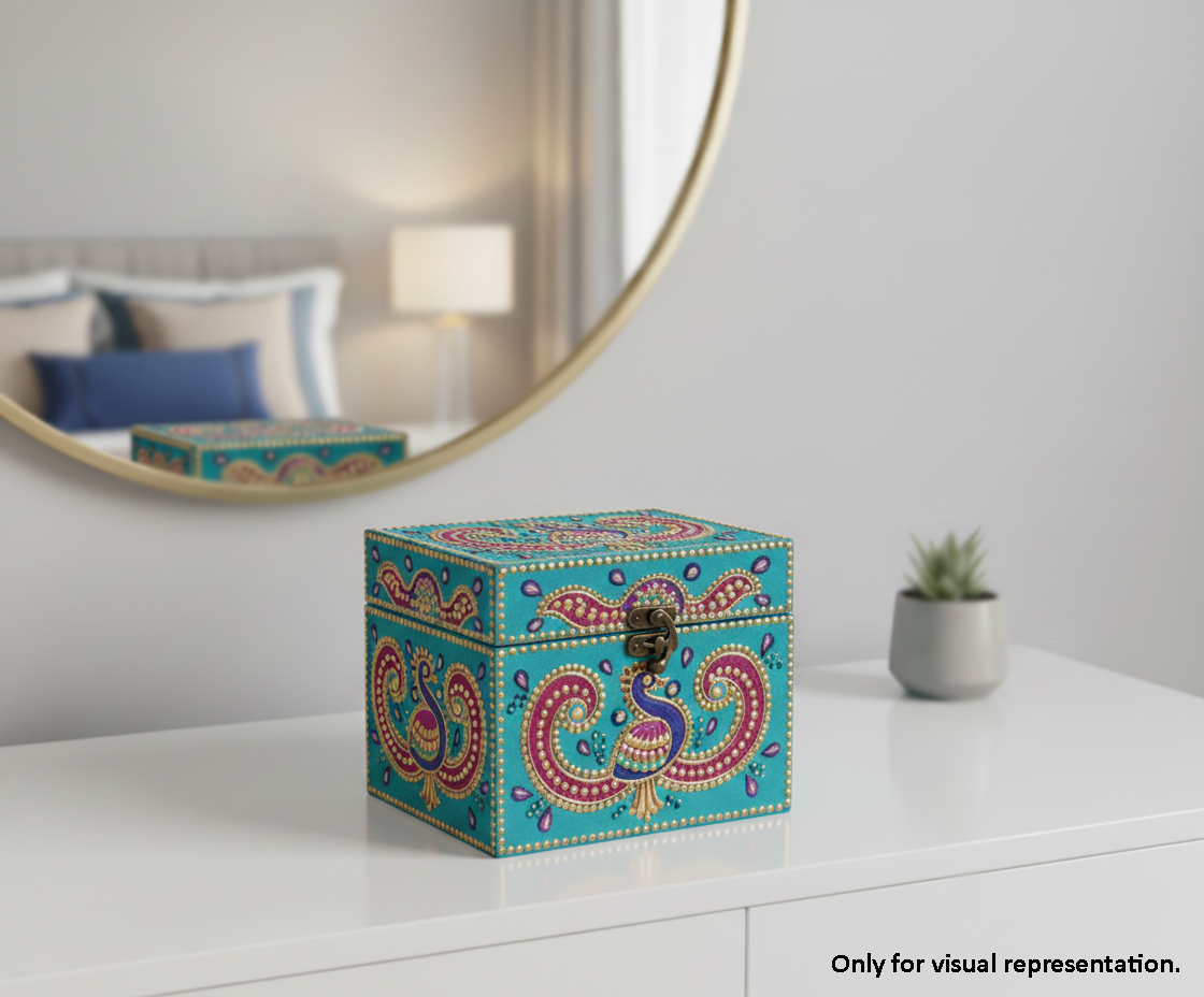 Decorative jewellery box with intricate patterns on a white surface