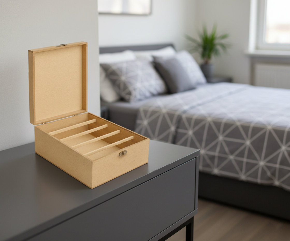 MDF DIY Jewellery Box on a dresser with a blurred bedroom background