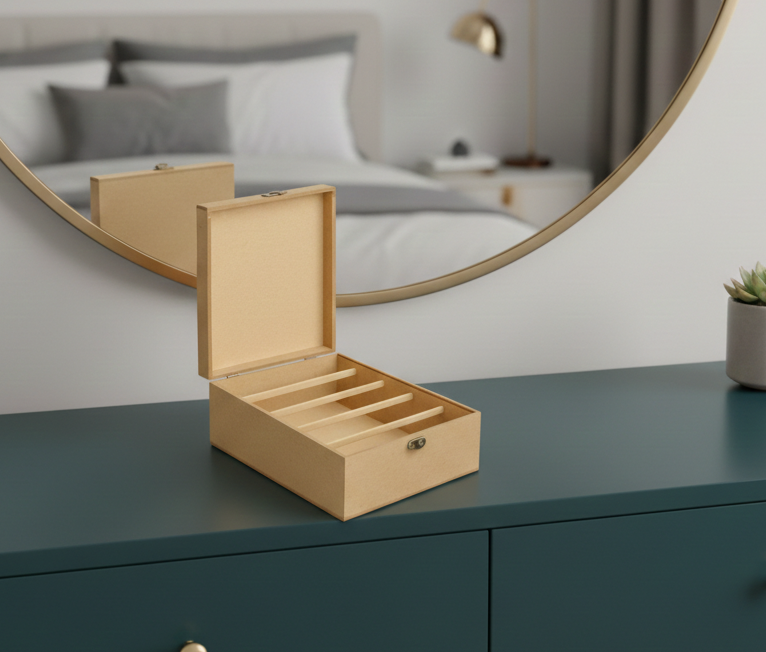 MDF DIY Jewellery Box on a dresser with a mirror in the background