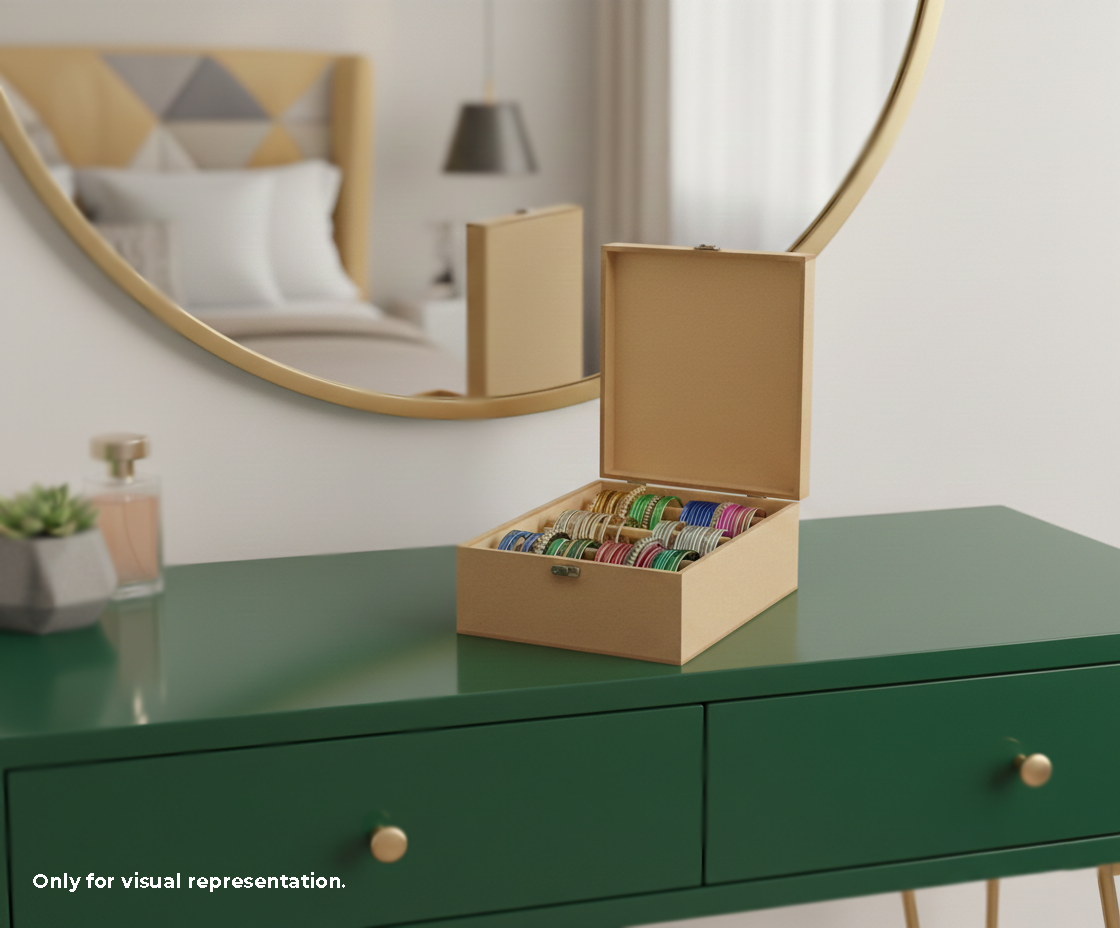 MDF DIY Jewellery Box with colorful items on a green dresser in a bedroom setting.