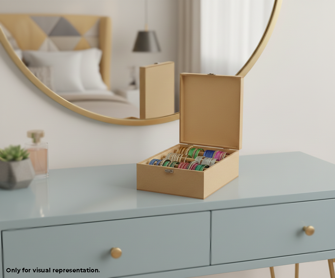 Open MDF DIY Jewellery Box on a dresser with decorative items inside, in a bedroom setting.