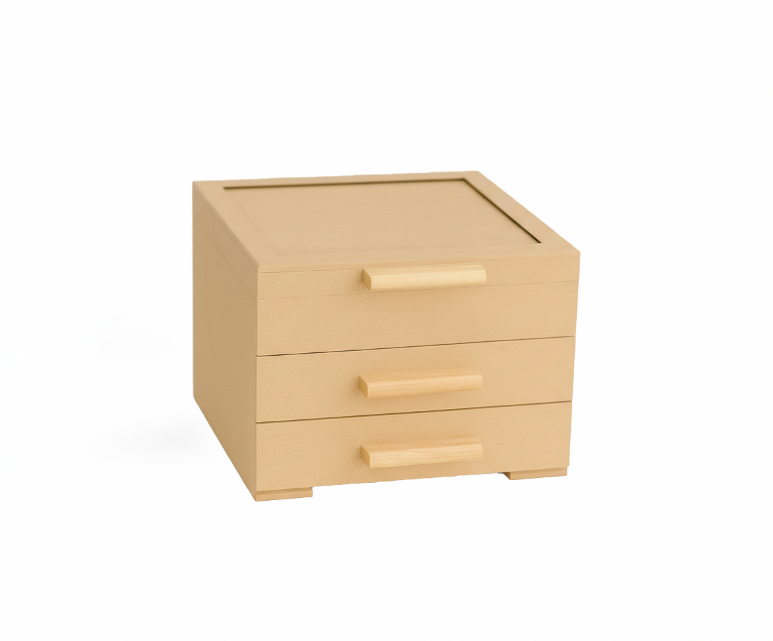 Beige two-drawer MDF DIY jewellery box on a white background
