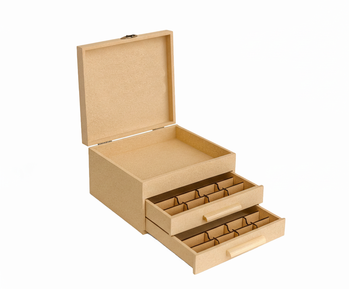 Open MDF DIY Jewellery Box with multiple compartments on a white background