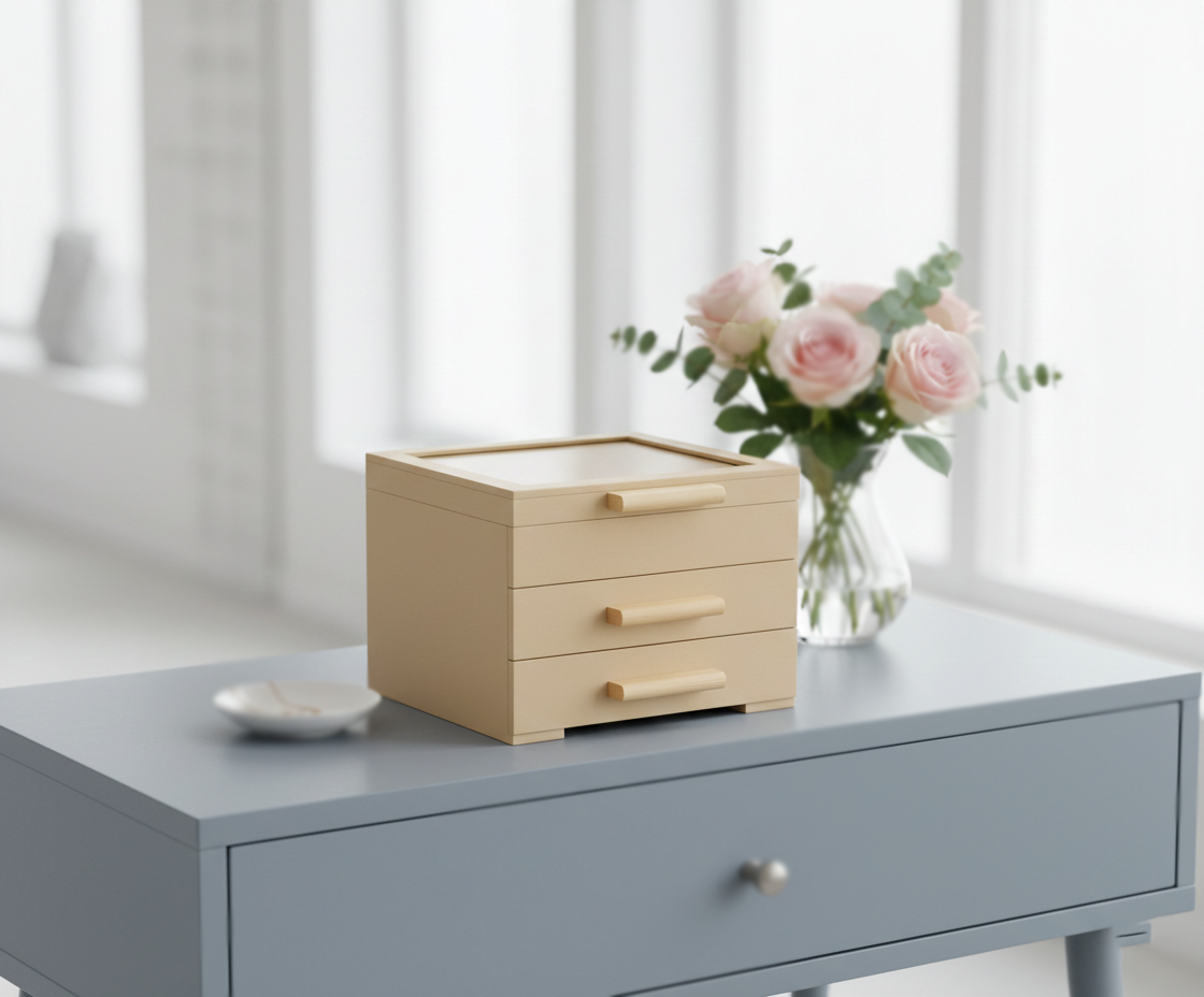 MDF DIY Jewellery Box on a gray surface with a vase of flowers in the background