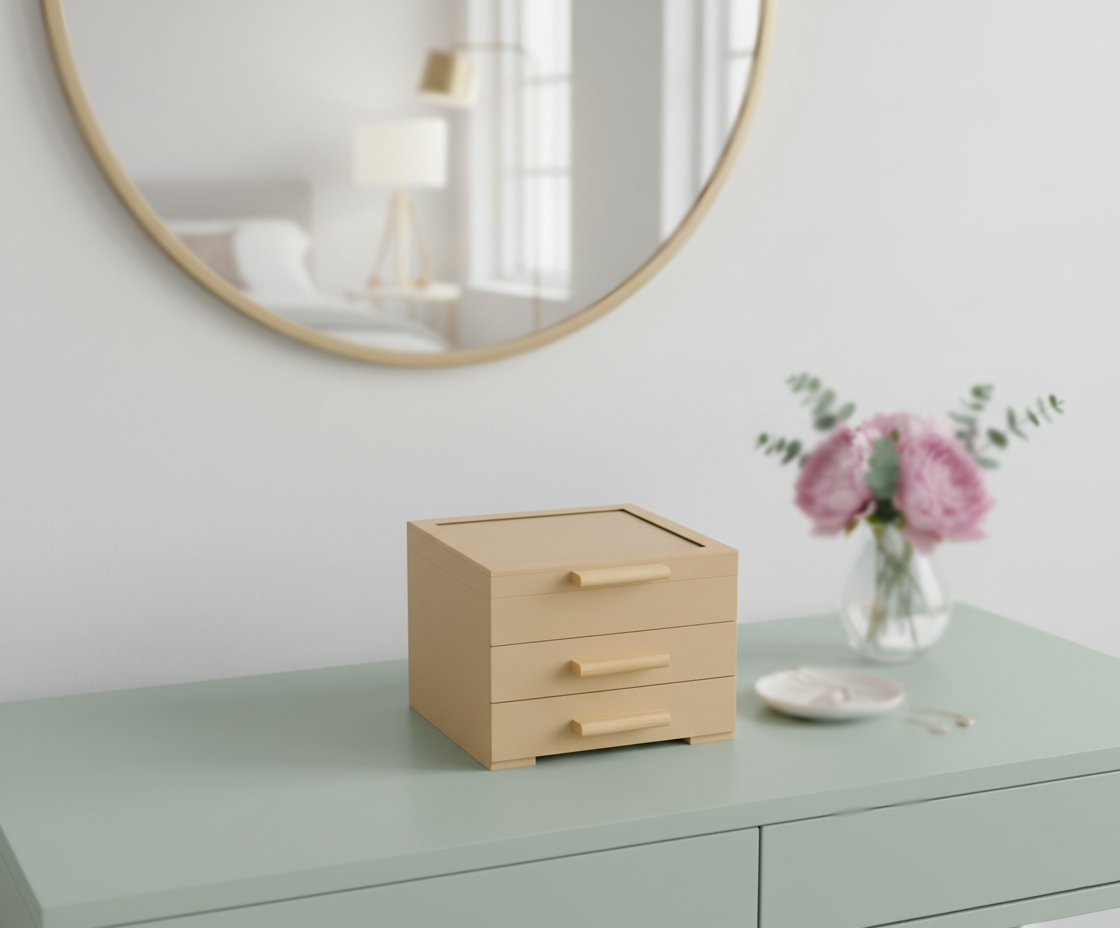 MDF DIY Jewellery Box on a dresser with a mirror and flowers in the background
