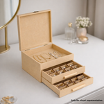 MDF DIY Jewellery Box with jewellery inside on a white surface.