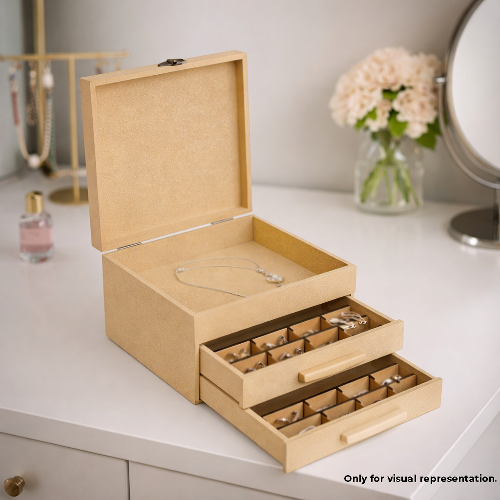  MDF DIY Jewellery Box with drawers on a white surface, with a blurred background.