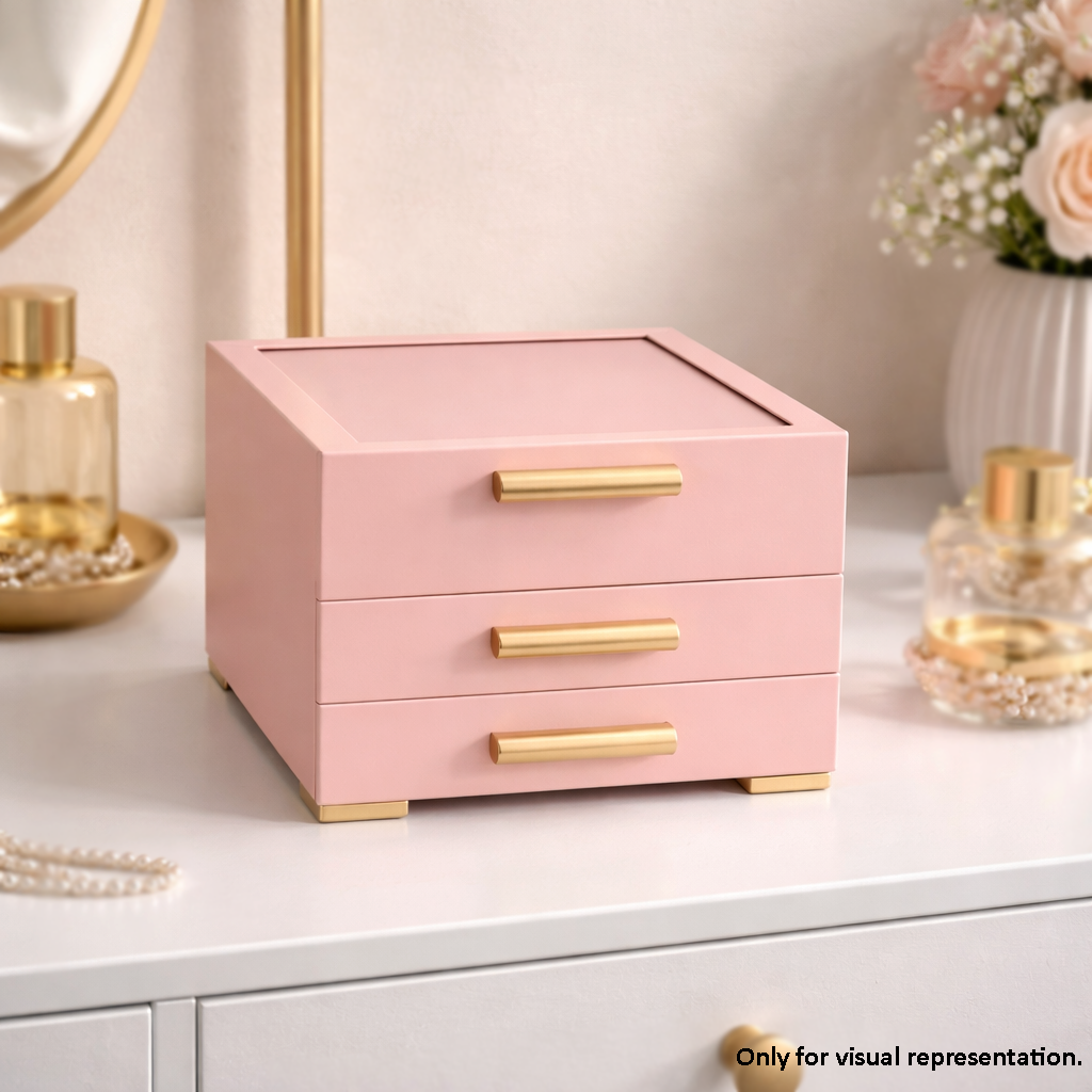Pink MDF DIY Jewellery Box with gold accents on a white surface with decorative items.