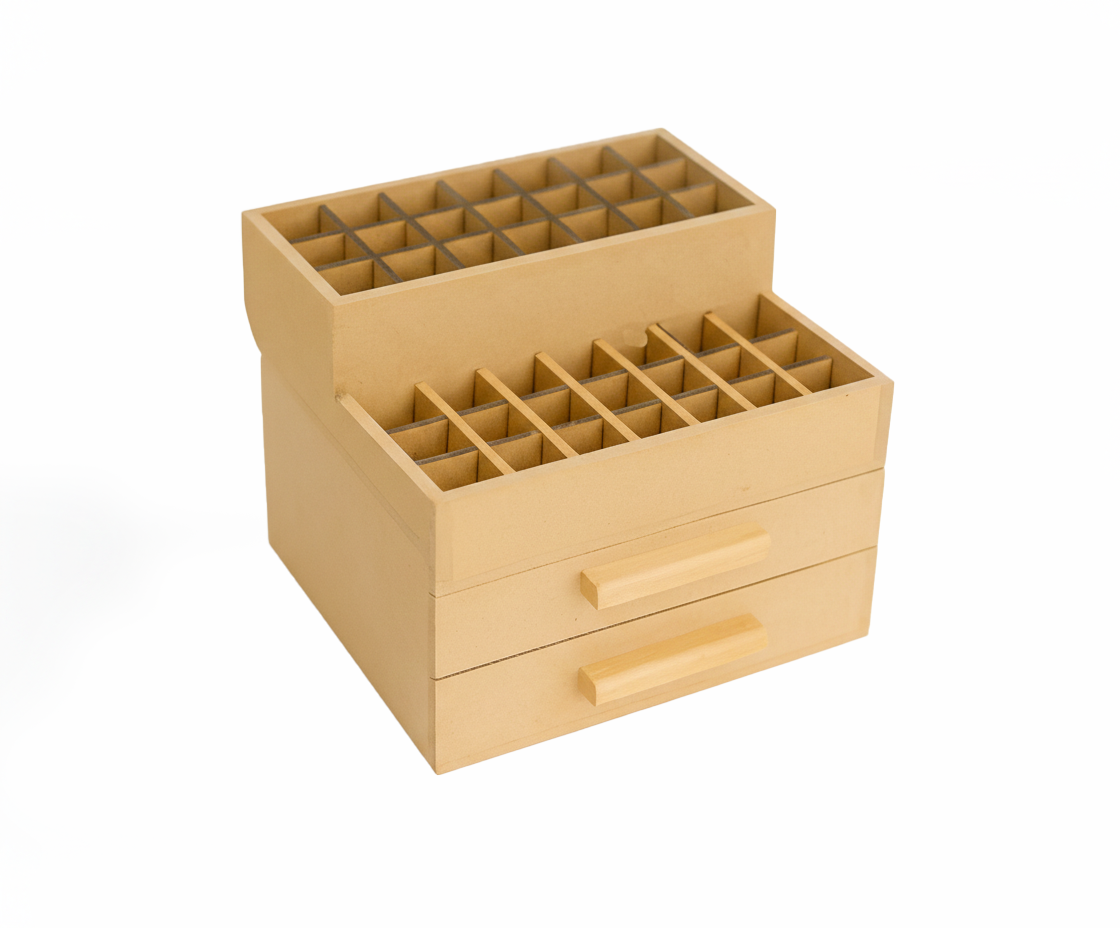MDF DIY jewellery box with multiple compartments and drawers on a white background