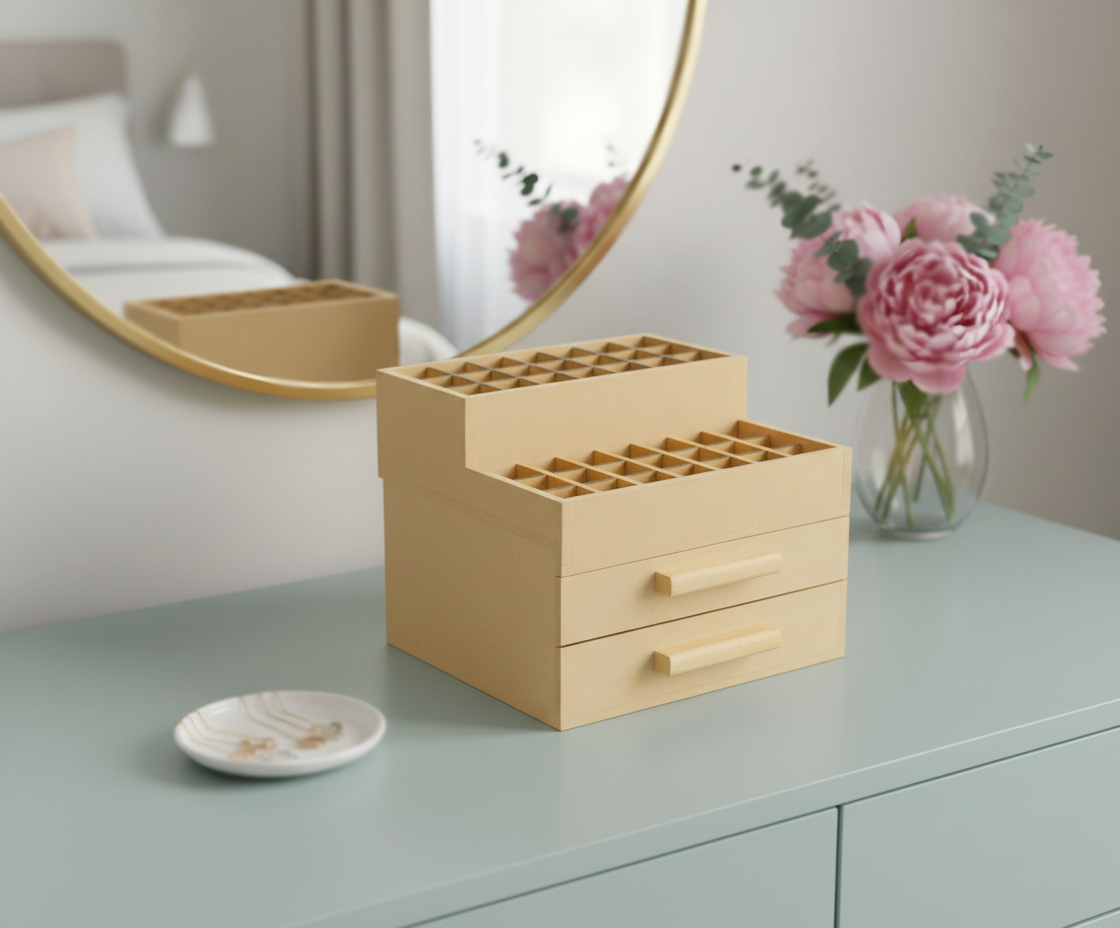 MDF DIY Jewellery Box on a dresser with flowers and mirror in the background