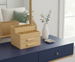MDF DIY Jewellery Box on a blue dresser with a mirror and decorative items in the background.