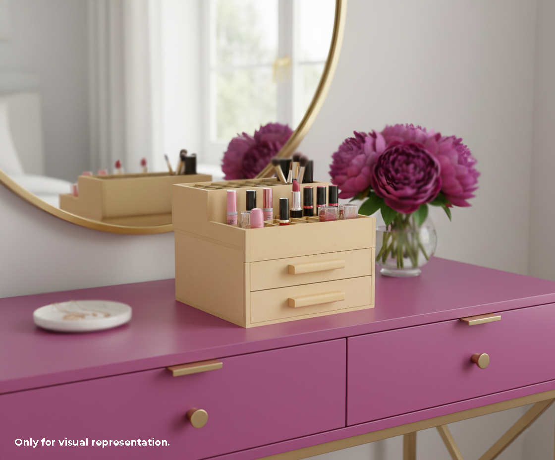 Pink vanity table with a MDF DIY Jewellery Box and makeup items, accompanied by purple flowers.