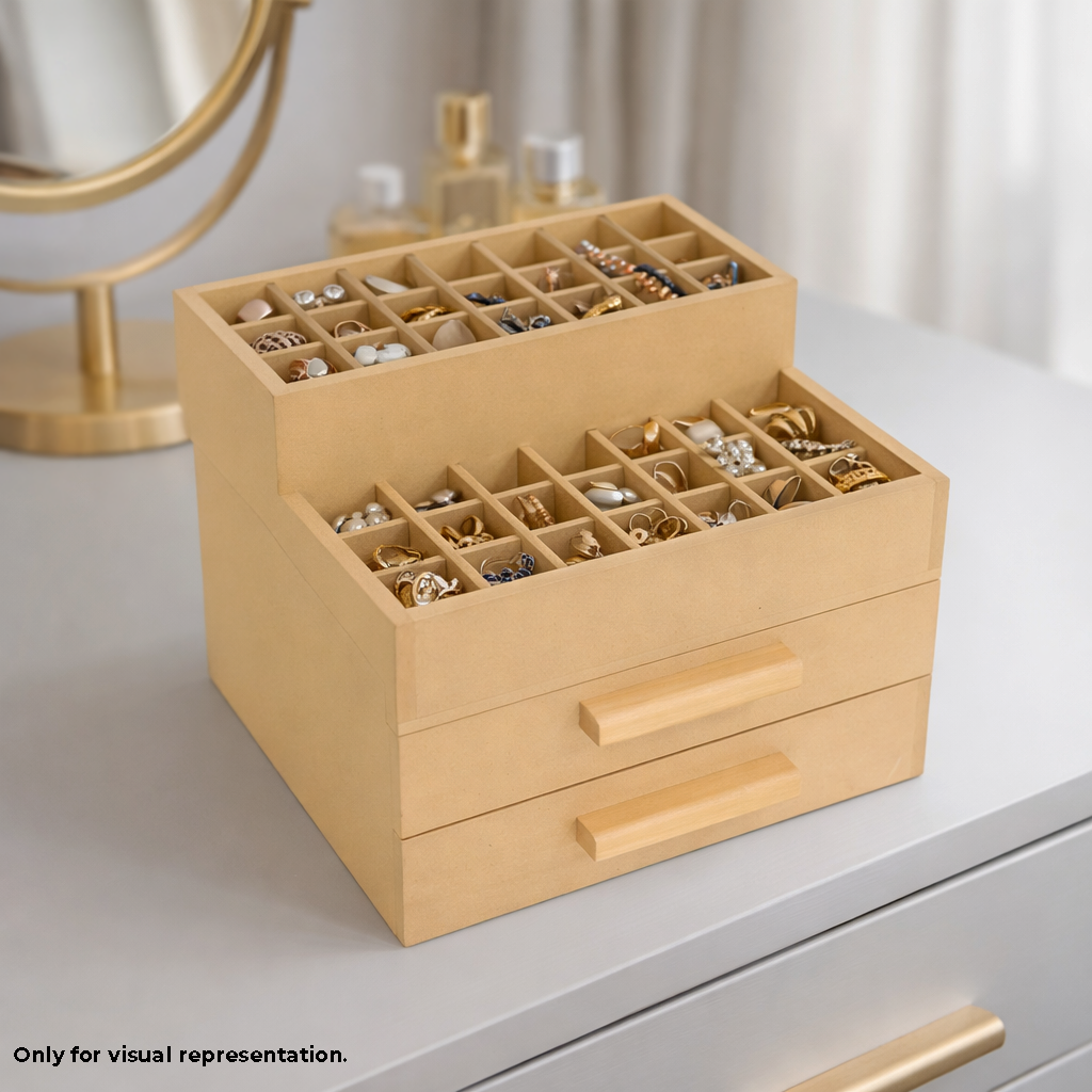 MDF DIY Jewellery Box with jewellery on a light surface