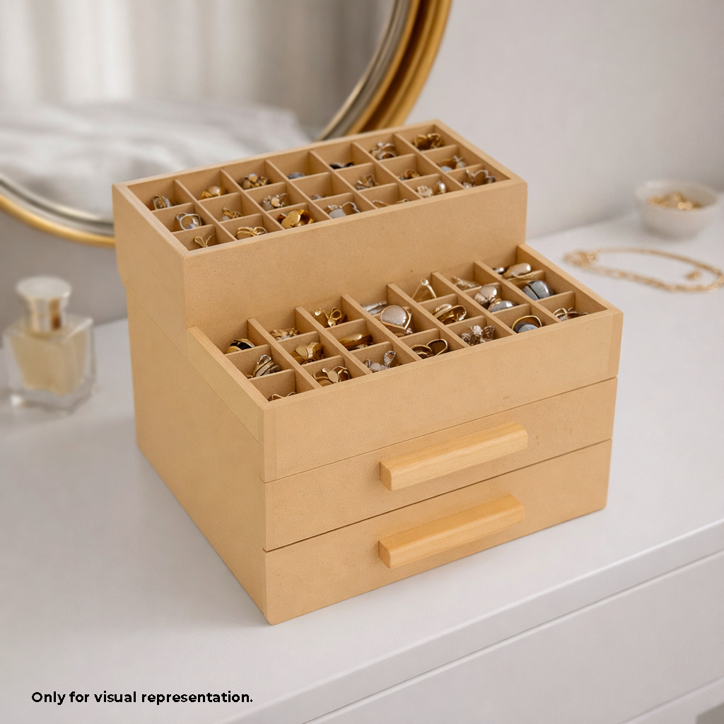 MDF DIY Jewellery Box with compartments on a white surface.
