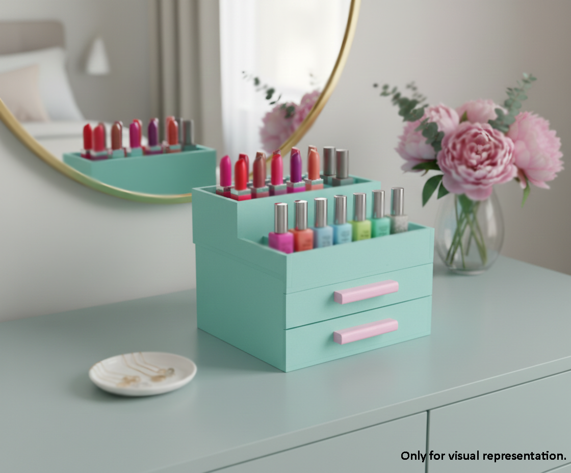 DIY MDF makeup organizer with lipsticks and nail polishes on a vanity table with flowers and mirror.
