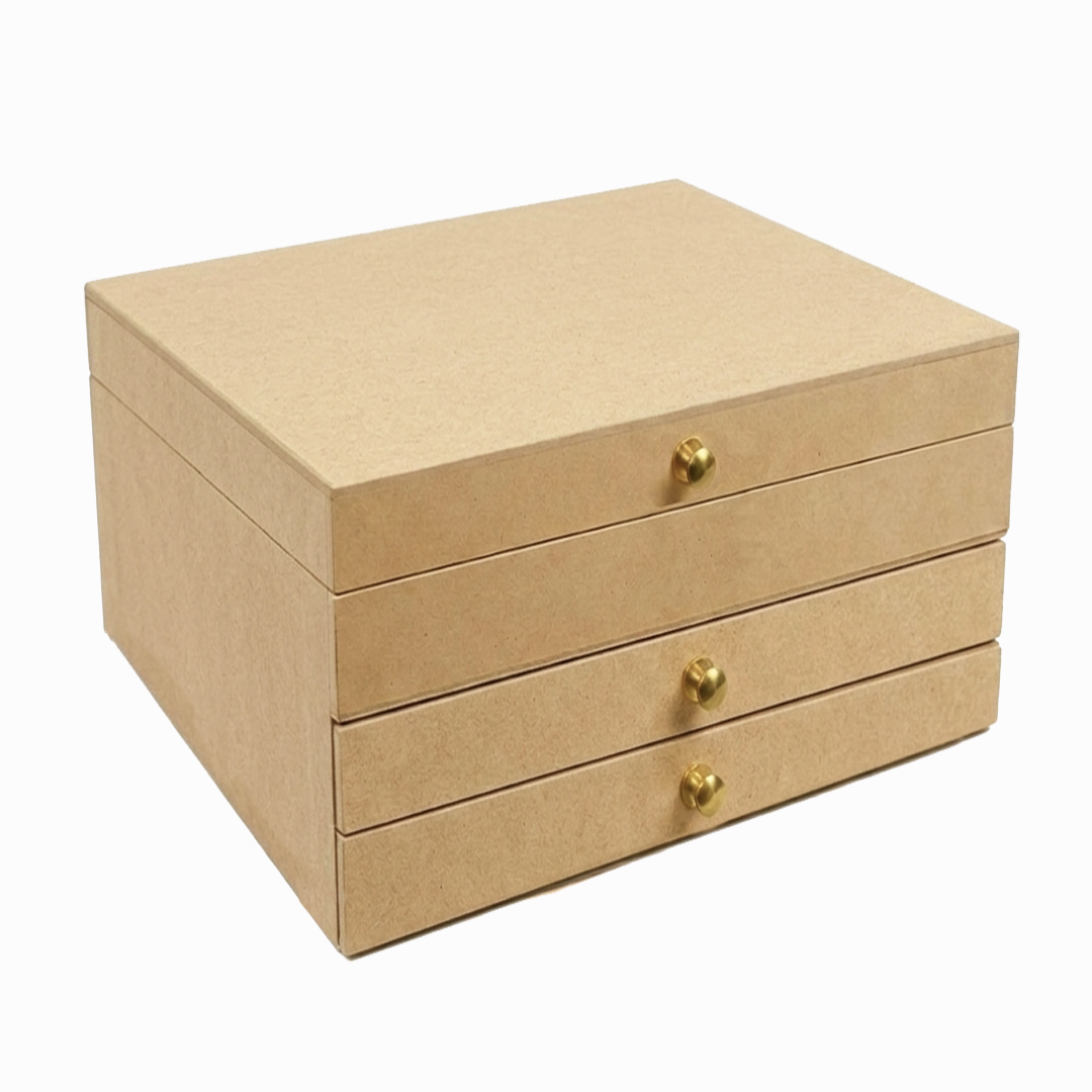 MDF DIY  jeweIlery box with gold knobs on a white background
