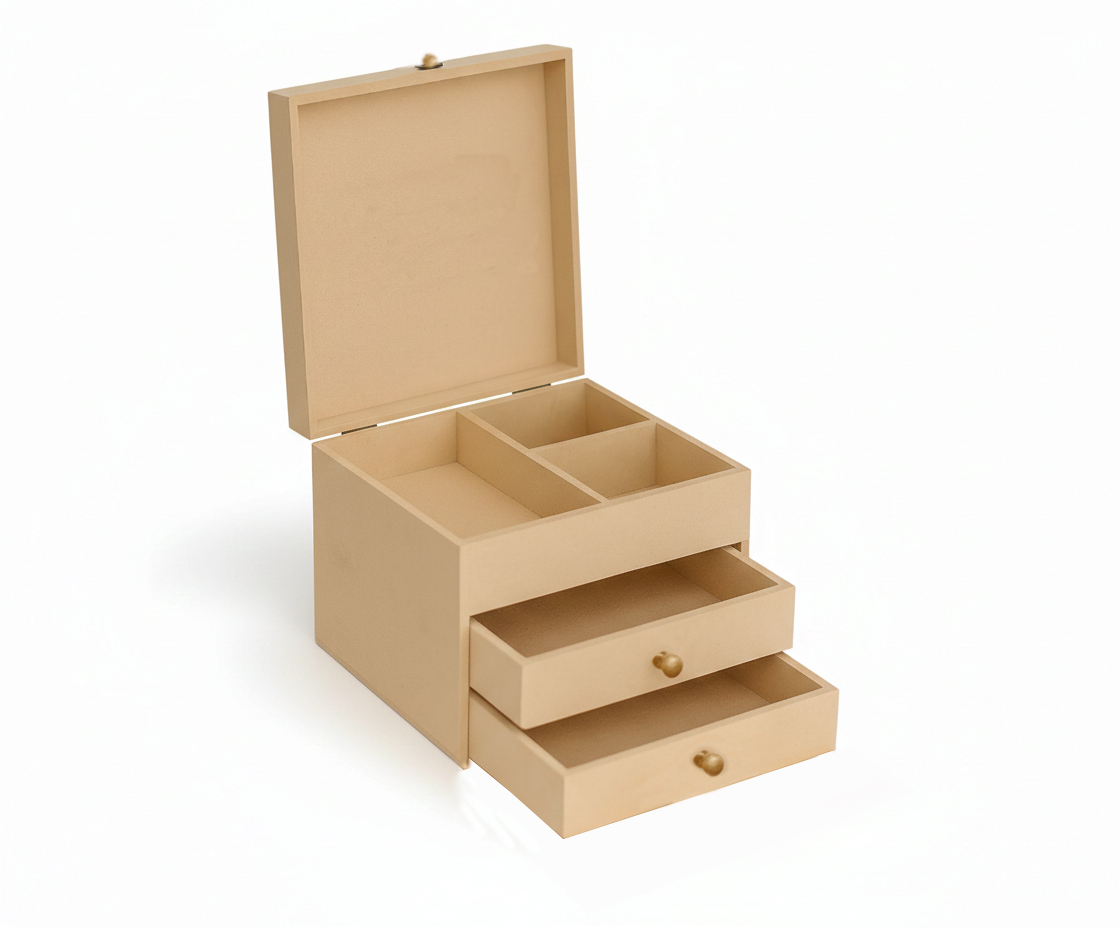 MDF DIY  jeweIlery box with compartments and a drawer on a white background