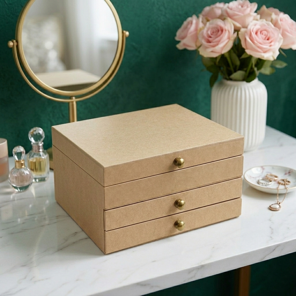 MDF DIY  jeweIlery box on a marble surface with a mirror and flowers in the background