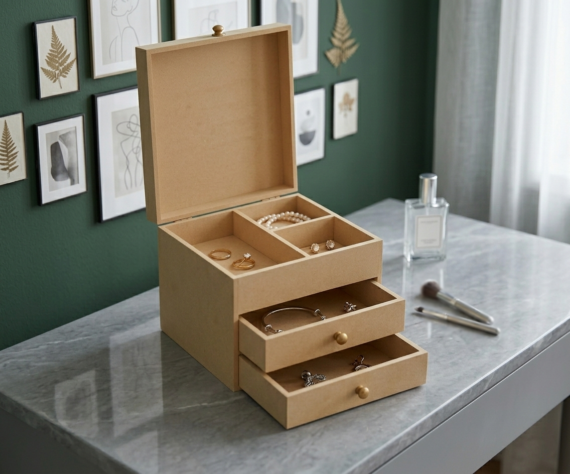 MDF DIY  jeweIlery box with jewelry on a marble surface, with framed artwork in the background.