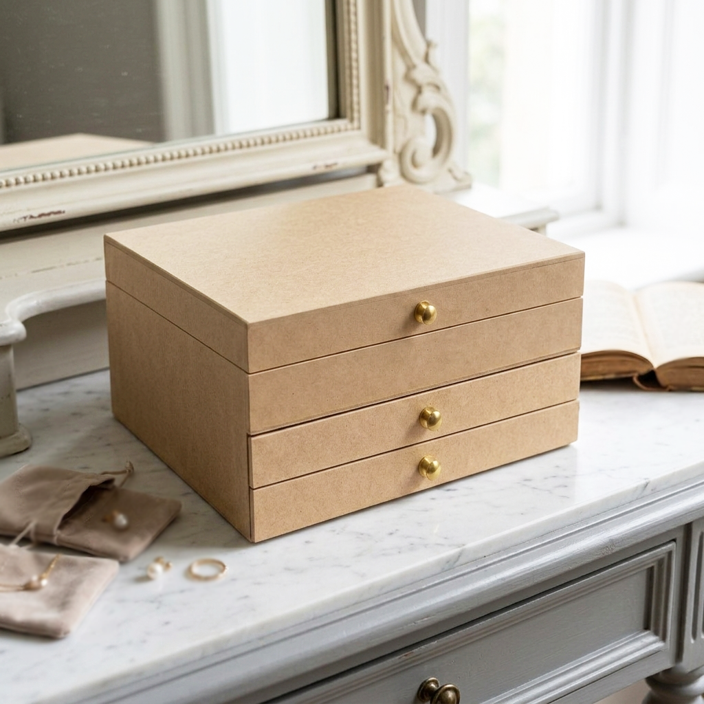 Beige MDF DIY  jeweIlery box with gold knobs on a marble surface with a mirror in the background