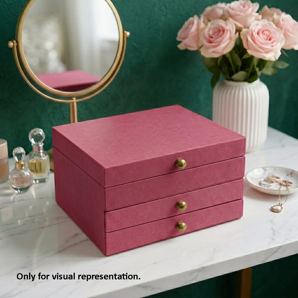 Pink MDF DIY  jeweIlery box on a marble surface with a mirror and flowers in the background.