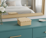MDF DIY Jewellery Box on a teal dresser with a mirror and decorative items in the background