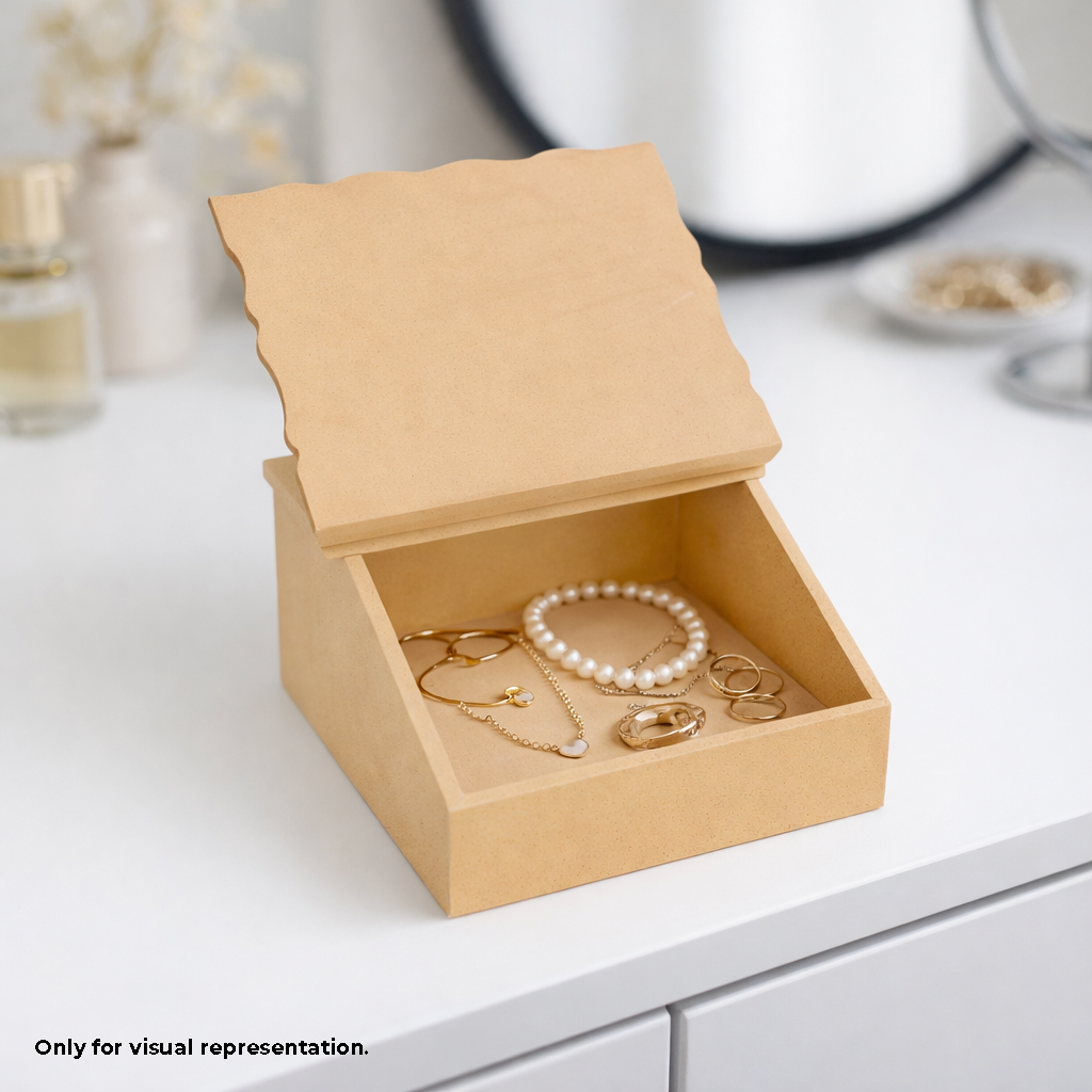 Open MDF DIY Jewellery Box with bracelets on a white surface