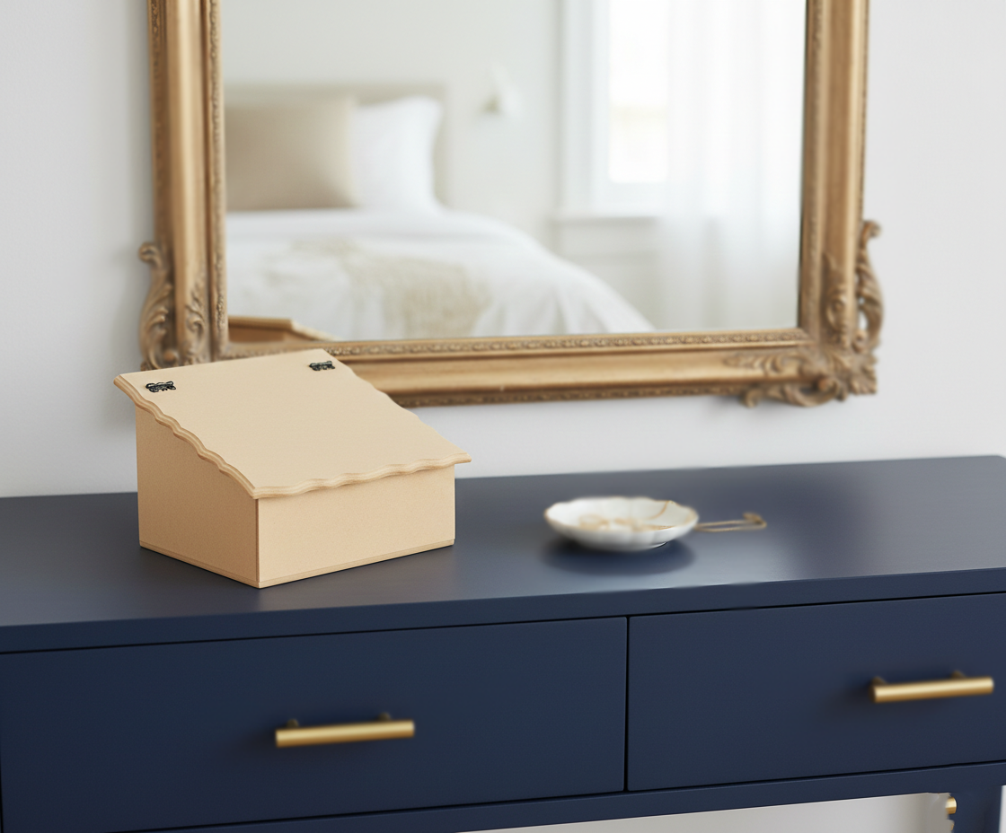 MDF DIY Jewellery Box on a navy dresser with a gold-framed mirror in the background