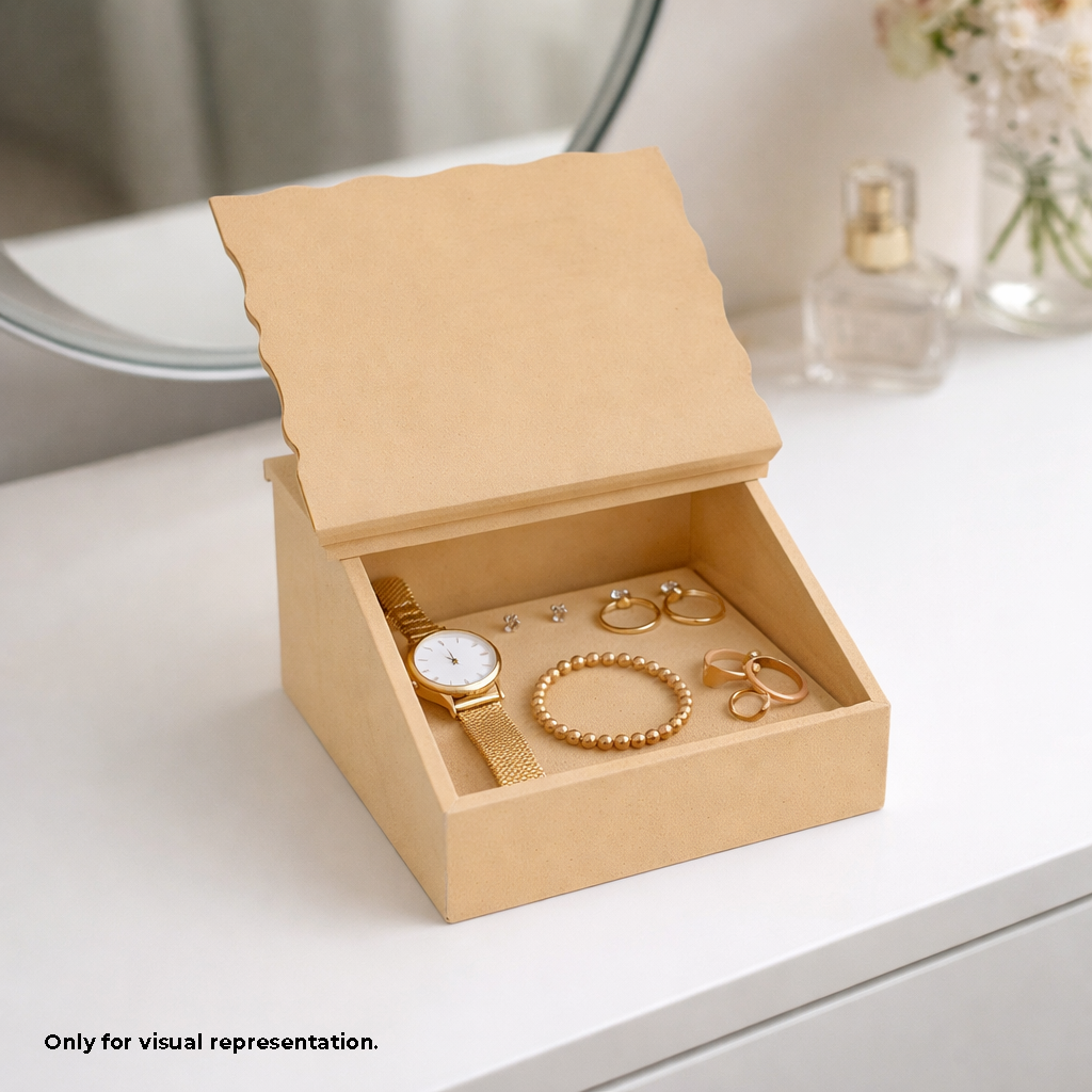 Open MDF DIY Jewellery Box containing a watch, bracelet, and rings on a white surface.