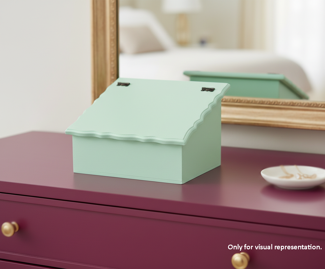 Light green MDF DIY Jewellery Box on a purple dresser with a mirror in the background