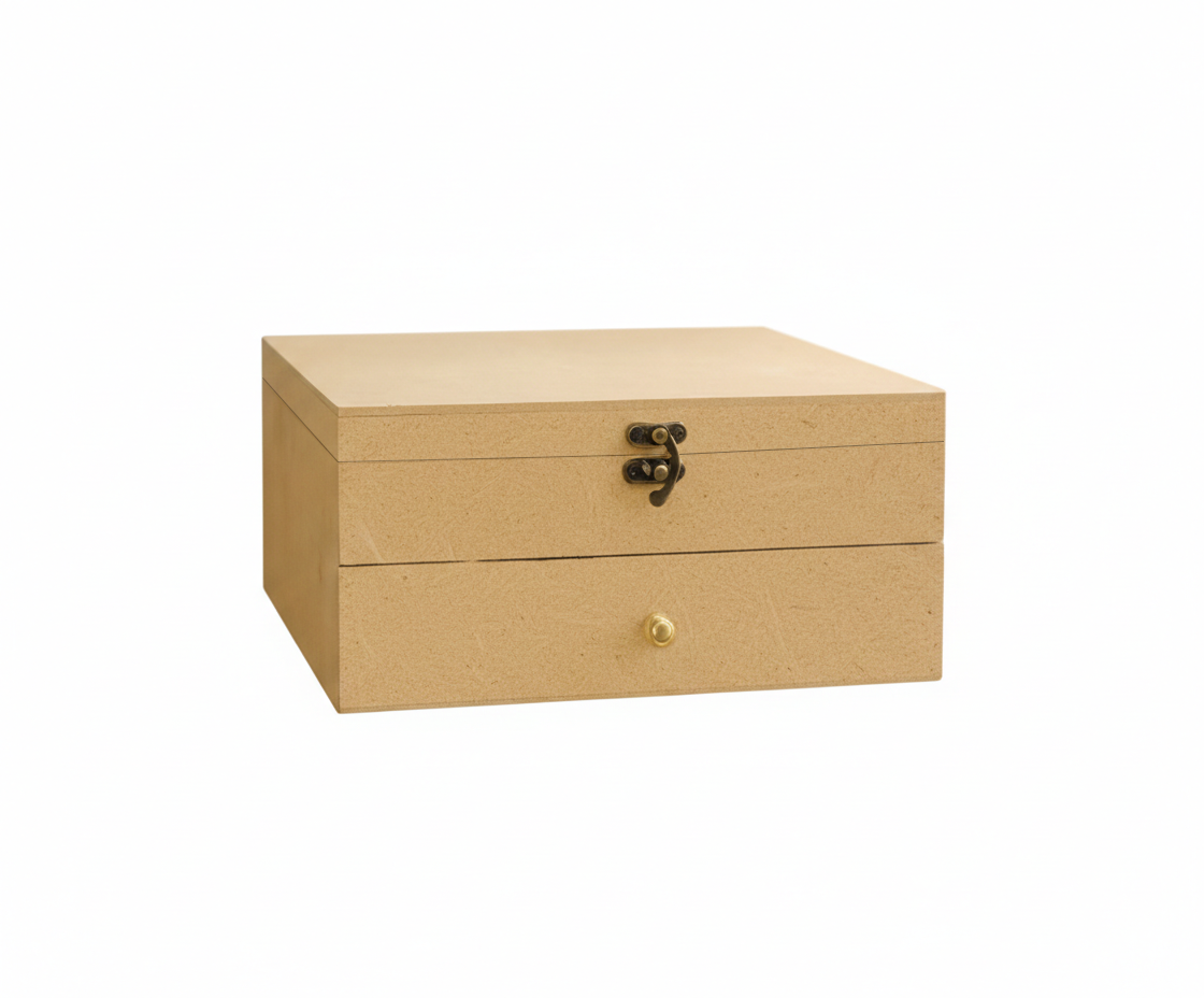 MDF DIY Jewellery Box with a lock on a white background