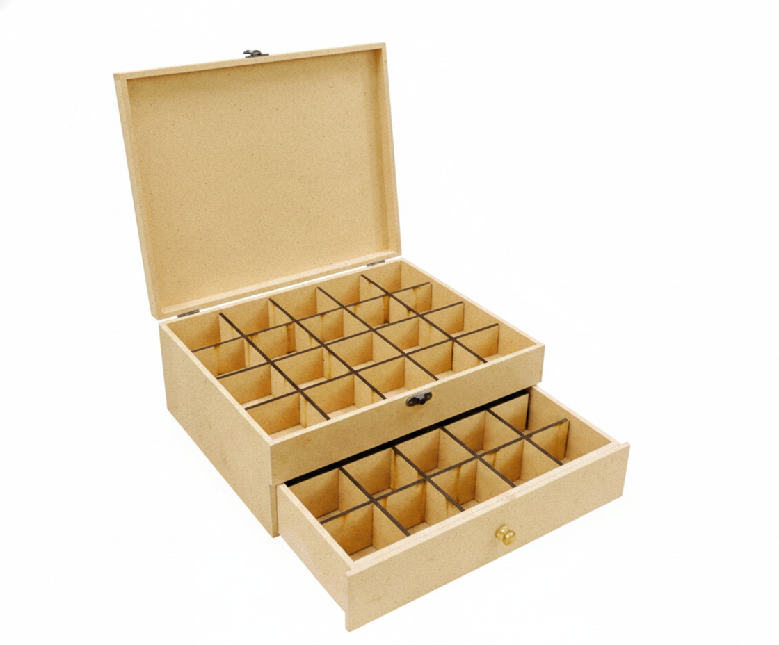 MDF DIY Jewellery Box with multiple compartments on a white background