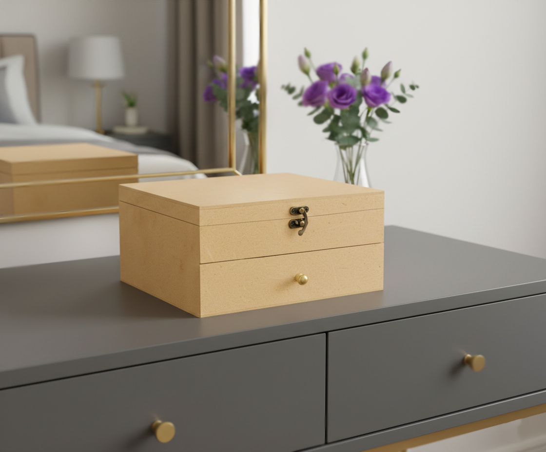 MDF DIY Jewellery Box on a dresser with a mirror and flowers in the background
