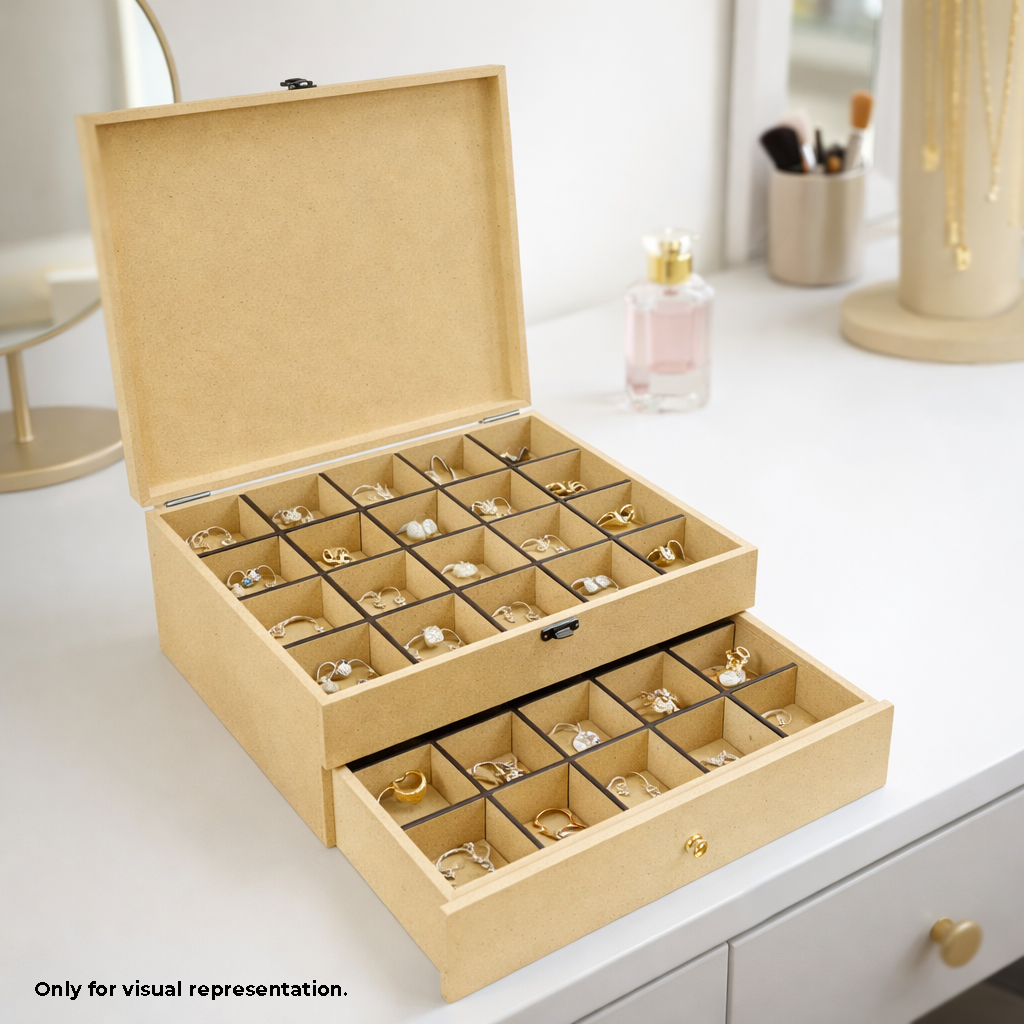 MDF DIY Jewellery Box with compartments on a white surface
