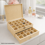  MDF DIY Jewellery Box with compartments filled with earrings on a white surface.