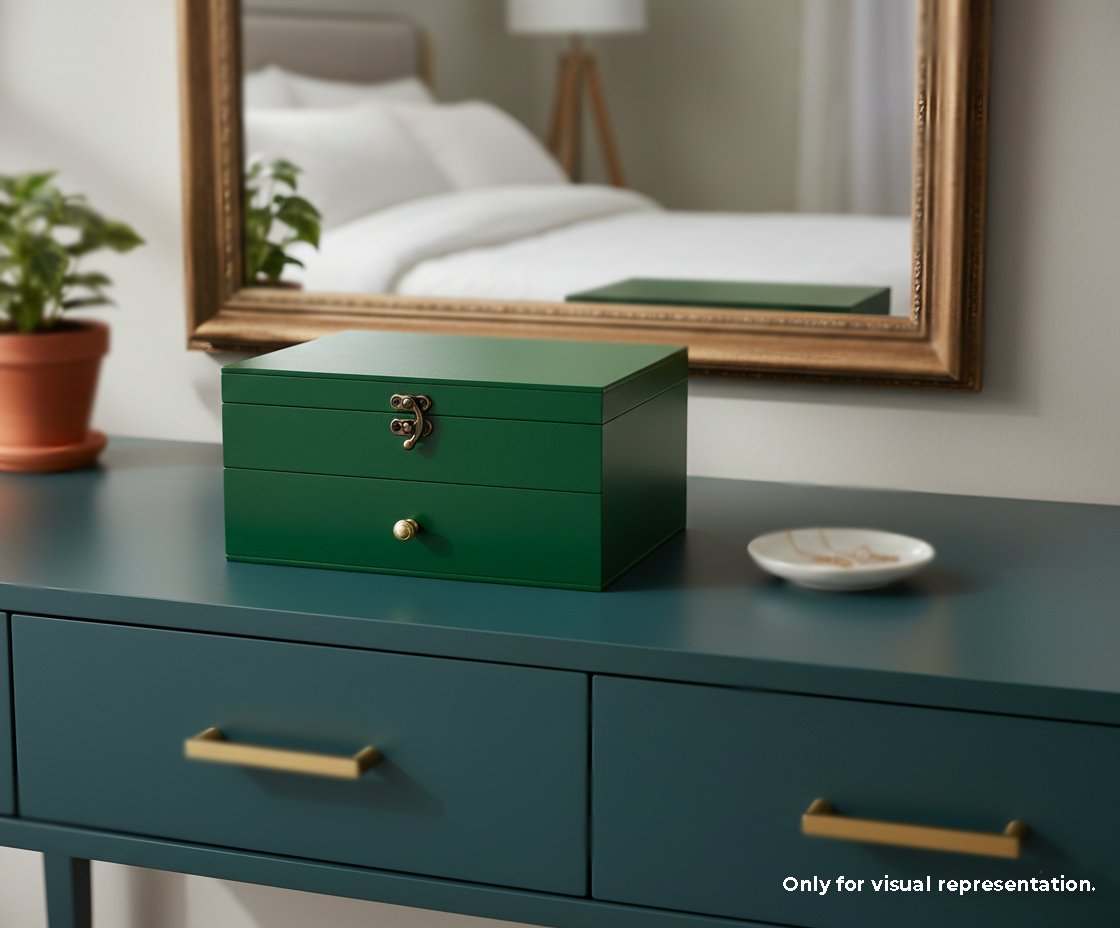 Green MDF DIY Jewellery Box  on a dresser with a mirror reflecting a bedroom setting