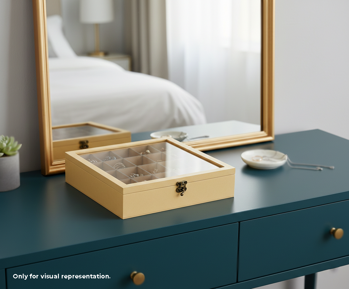 MDF DIY Jewellery Box on a dresser with a mirror and decorative items in the background