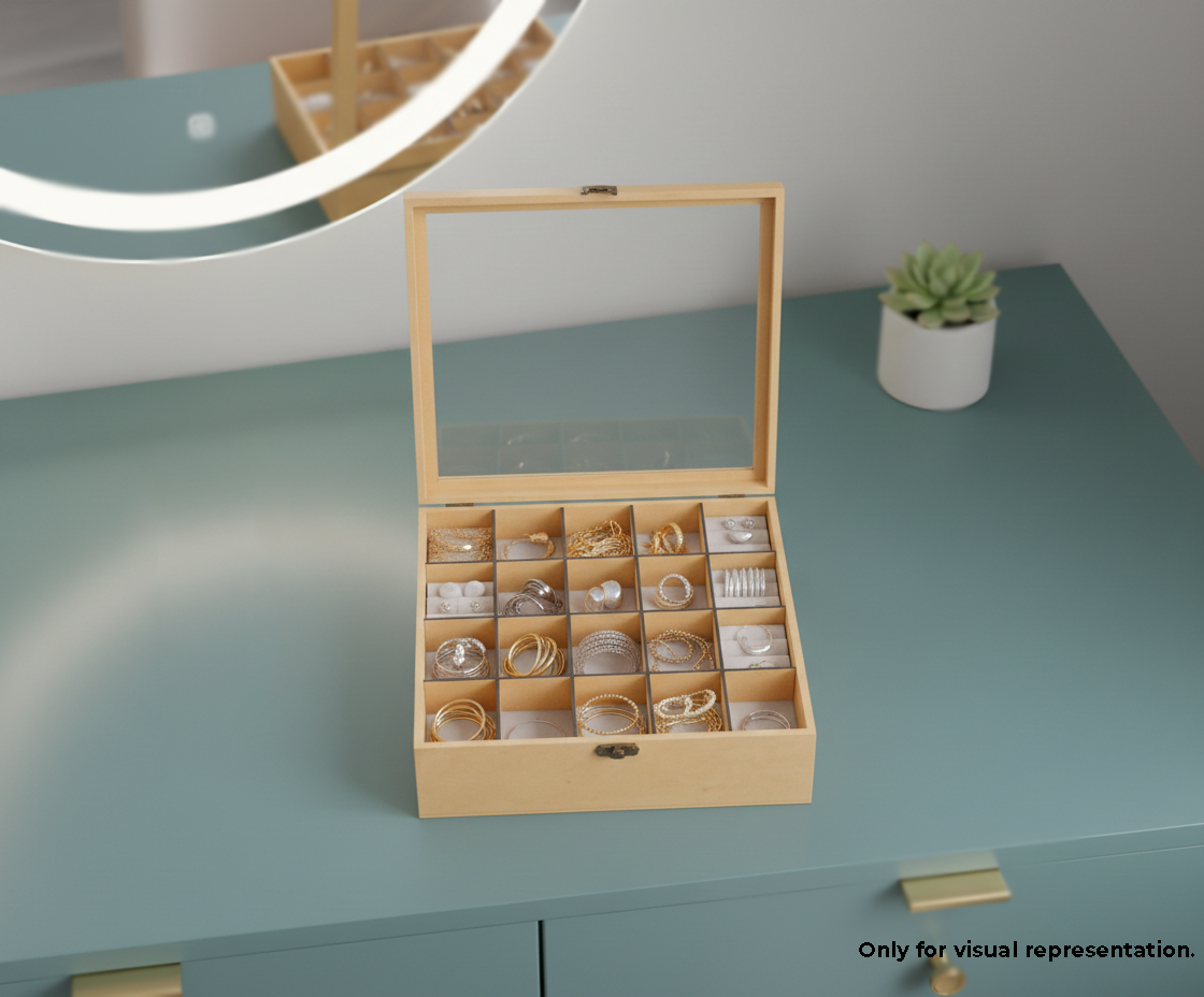 MDF DIY Jewellery Box with clear lid on a teal surface, mirror and plant in the background