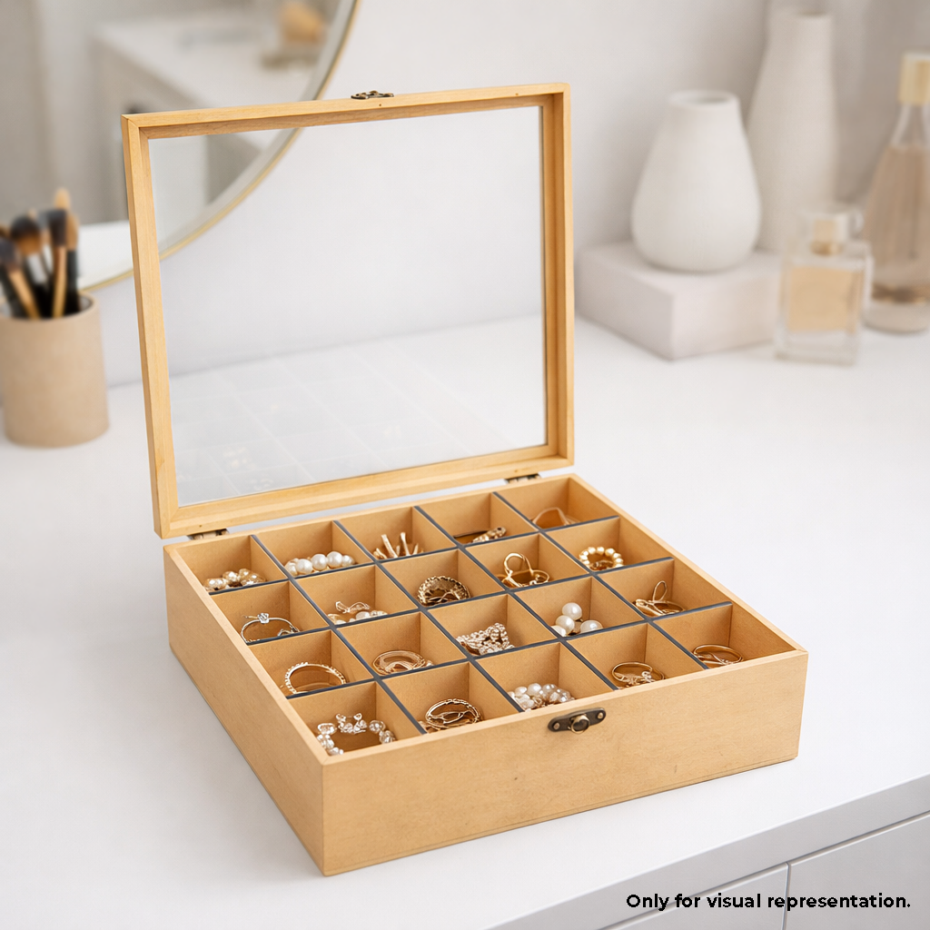 MDF DIY Jewellery Box with glass lid containing various earrings on a white surface.