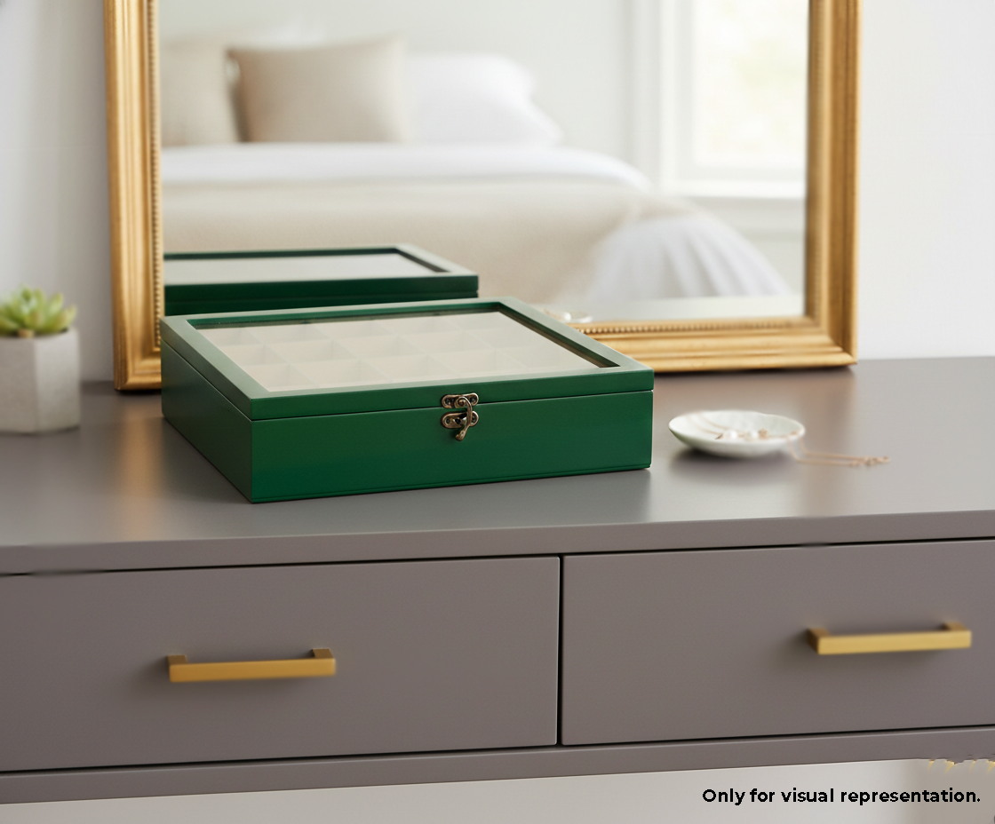 Green MDF DIY Jewellery Box on a dresser with a mirror in the background