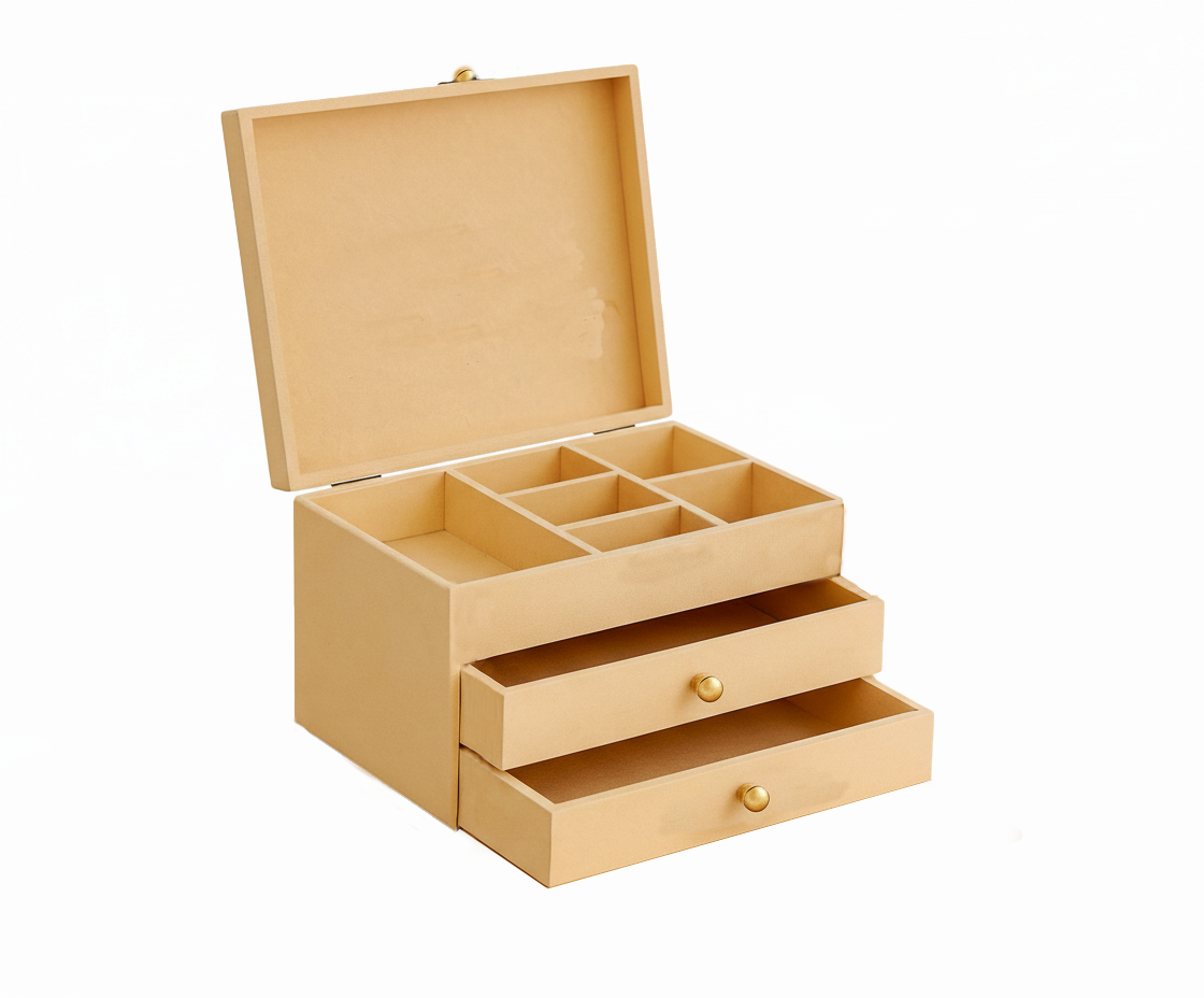 Beige MDF DIY  jeweIlery box with multiple compartments and drawers on a white background