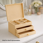 MDF DIY  jeweIlery box with compartments and a drawer on a light surface.