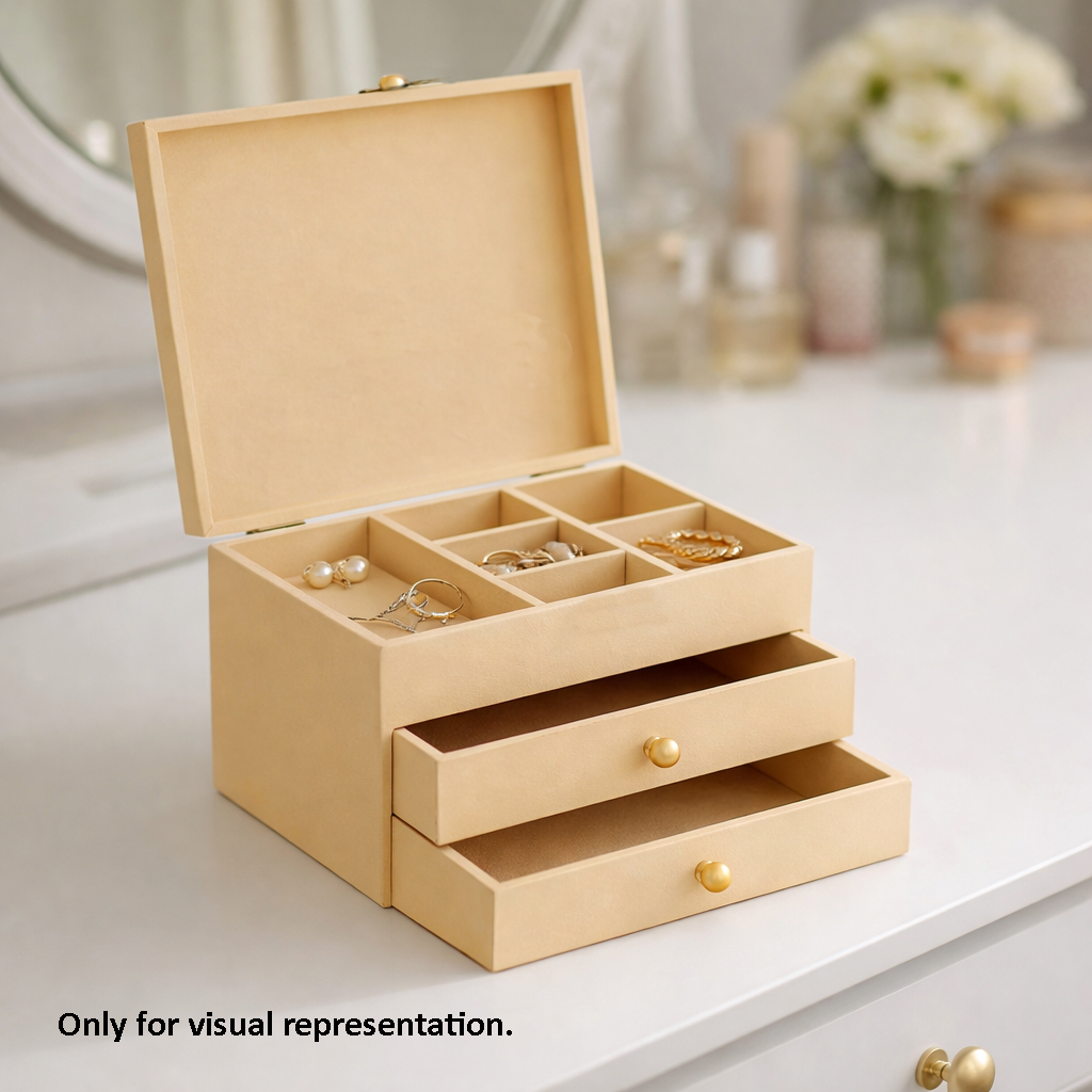 MDF DIY  jeweIlery box with compartments and a drawer on a light surface.