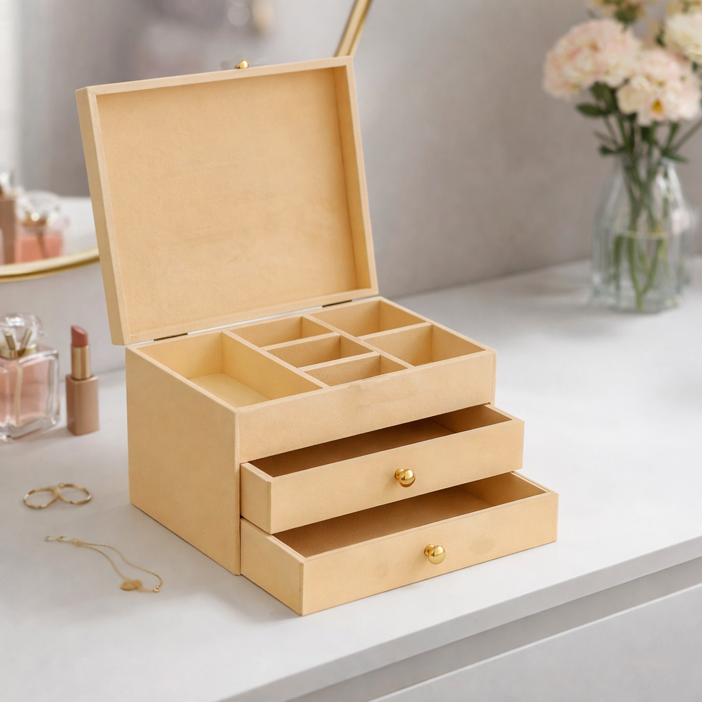 MDF DIY  jeweIlery box with compartments and a drawer on a light surface, with flowers and lipsticks in the background.