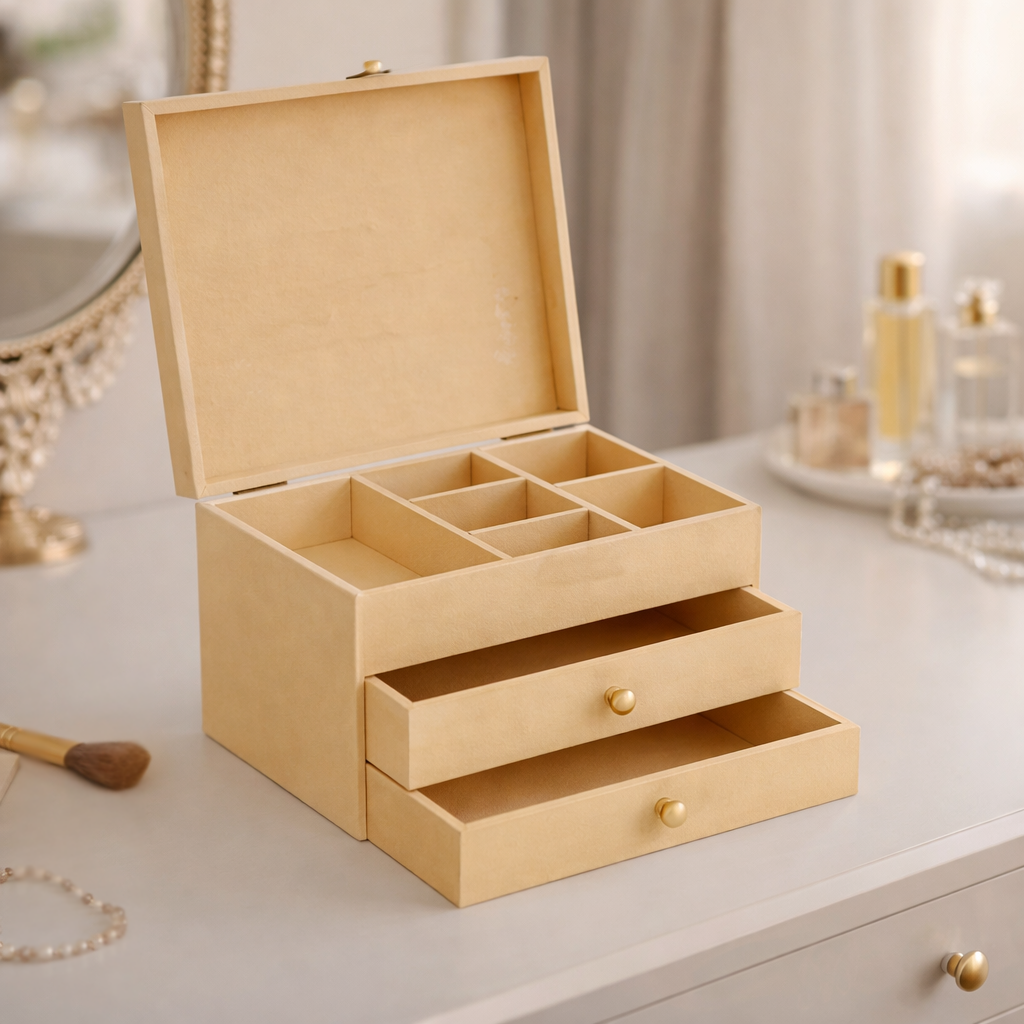 Beige MDF DIY  jeweIlery box with compartments and drawers on a light surface