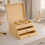 Beige MDF DIY  jeweIlery box with compartments and drawers on a light surface