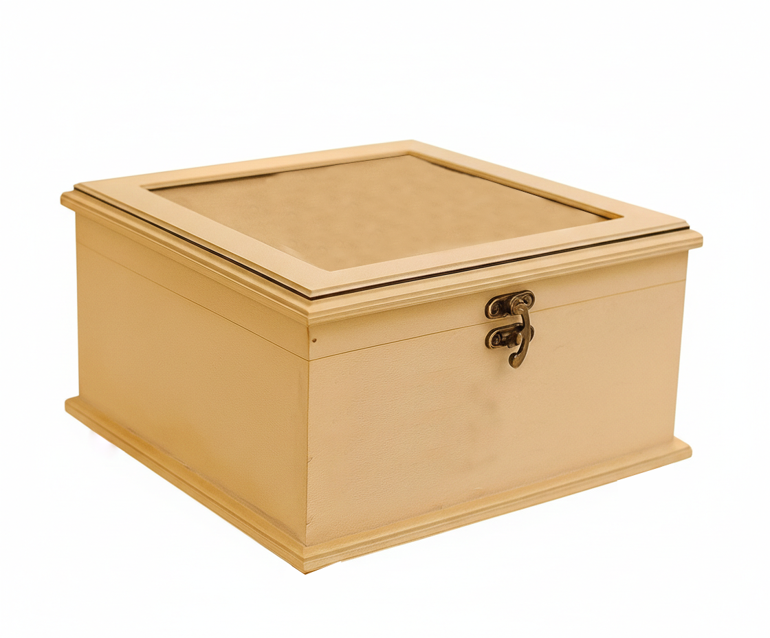 MDF DIY Jewellery Box with a glass lid on a white background