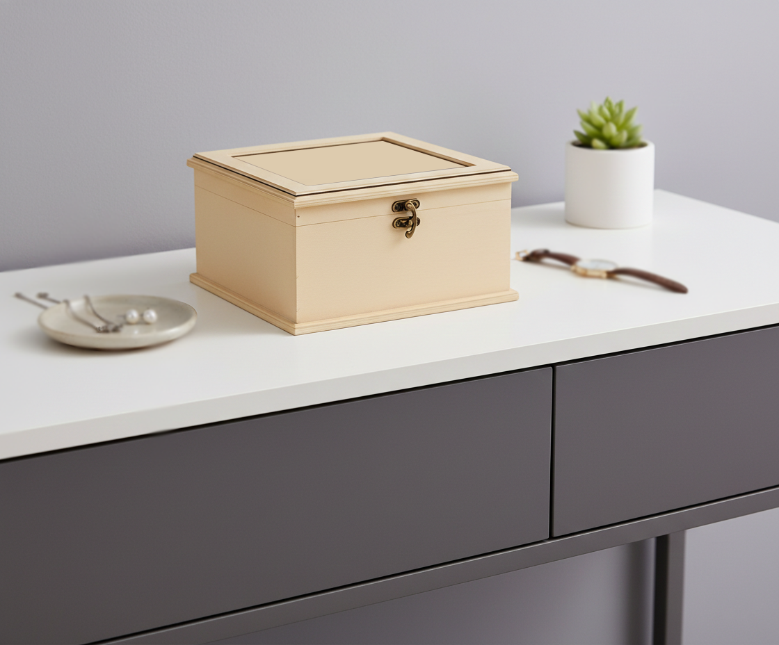 MDF DIY Jewellery Box on a white surface with a gray background